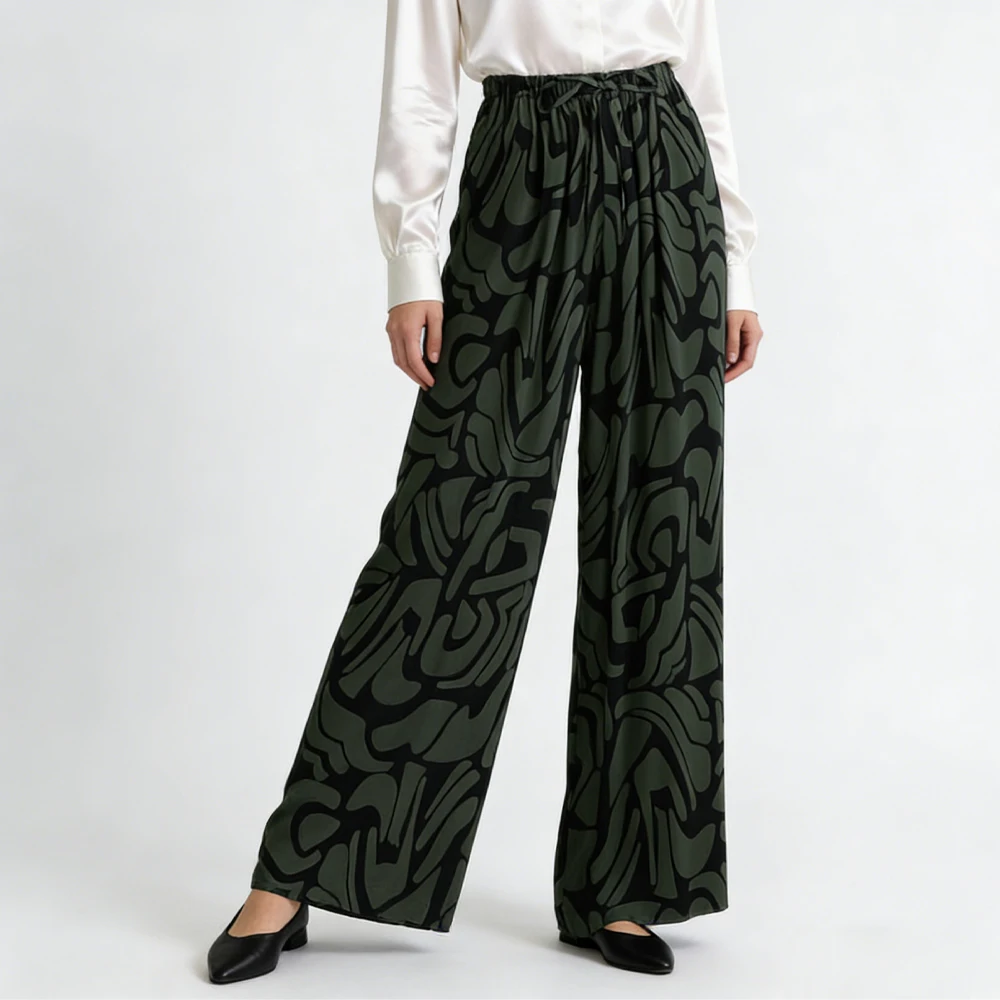 Women's Casual Summer New 100%Natural Mulberry Silk 04 Crepe De Chine Olive Green Geometric Printed Elastic Waist Wide Leg Pants
