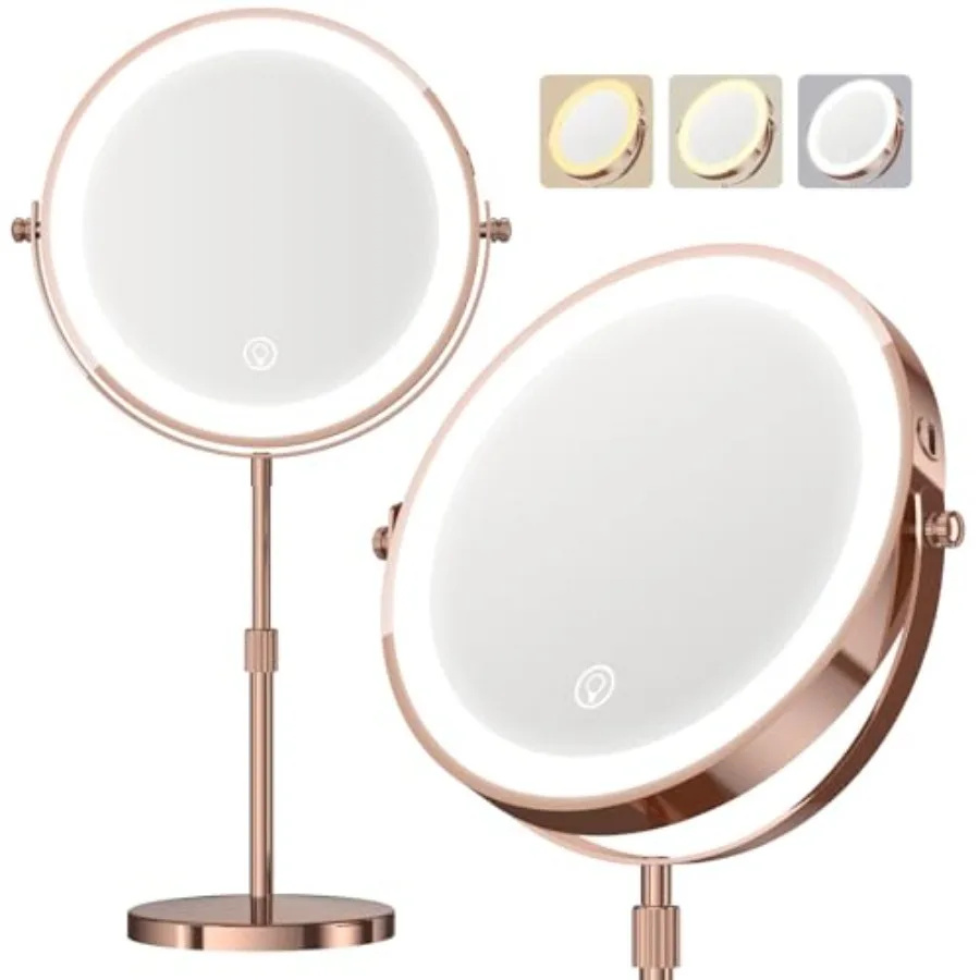 

Makeup Mirror with Lights 5000 mAh Rechargeable Double Sided Magnifying Vanity Mirror with 3 Colors 1x/20x 360 Rotation Brightn
