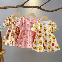 Summer New Cartoon Full Print Round Neck Dresses Disney Clothing Casaul Cute Dress Outer Wear For 1-4Years Short Sleeve Skirt