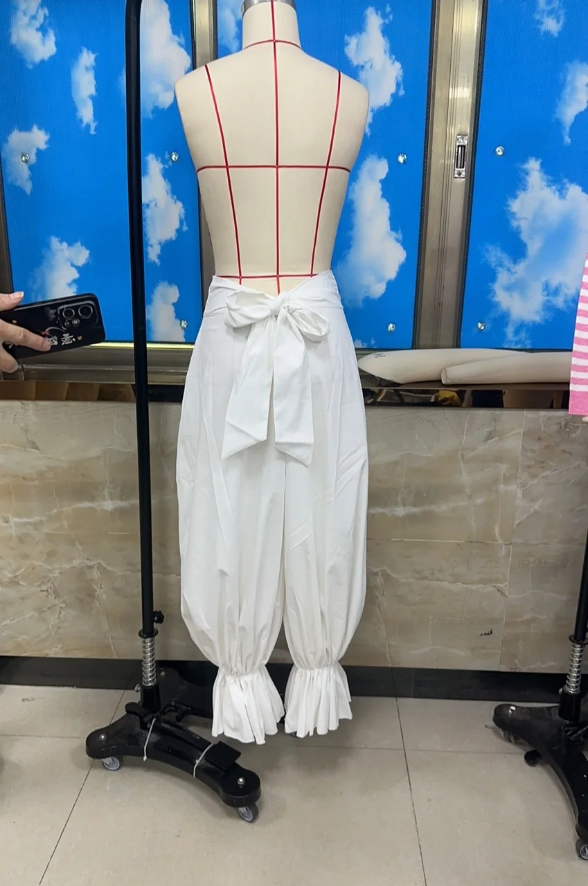 

Women Y2k Vintage Ruffle Hem Lantern Long Pants Loose Solid Big Bow Tied Back High Waist Bloomers Trouser Y2k Chic Streetwear