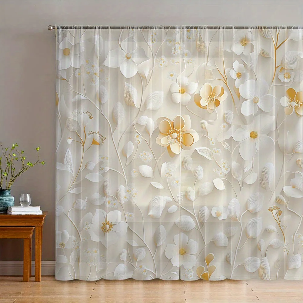 2pcs Beige and Gold Floral Embossed Print Curtains – Rod Pocket Design for Home Decor, Ideal for Living Room Bedroom and Balcony