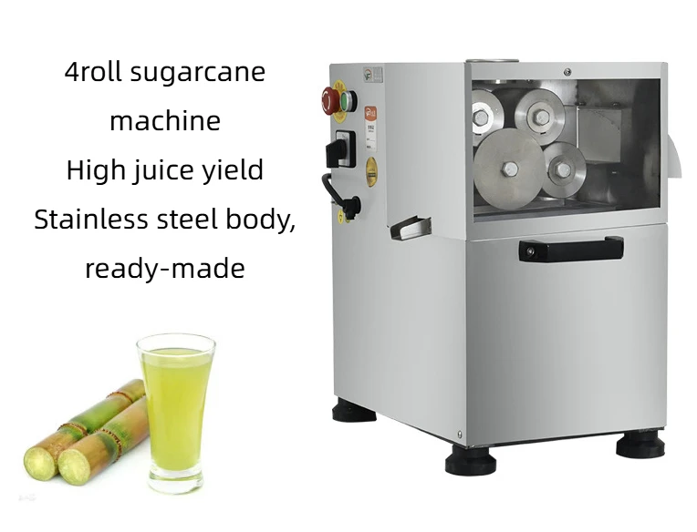 ماكينة عصر قصب السكر التجارية 304 فولاذ 4 بكرات 30-40 قصب/ساعة 110 فولت/220 فولت لمتجر الشارع/عصير المنزل