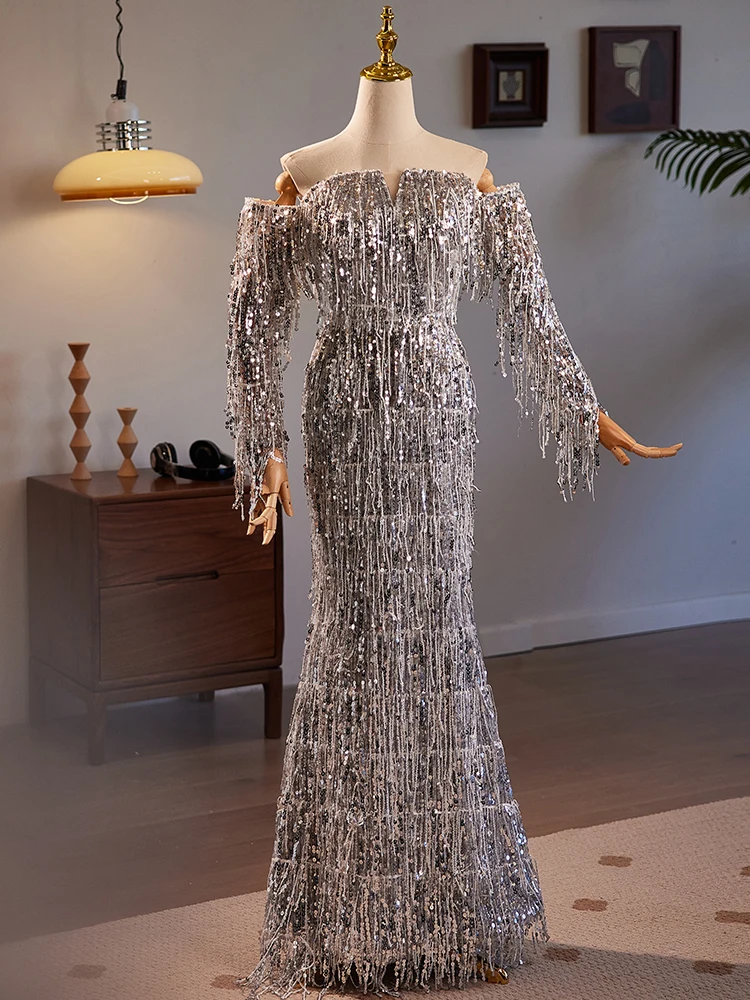 Customized   Luxury Tassels Sequins Silver Mermaid Evening Dress Long Sleeve Sparkling Fishtail Banquet Elegant Formal Gowns