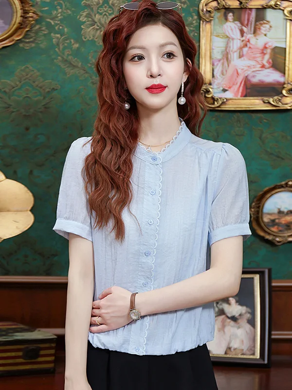 Elegant Short Sleeve Shirt Women's Pure Color Beautiful Chiffon Top Button Placket Korean Style Summer New Arrival