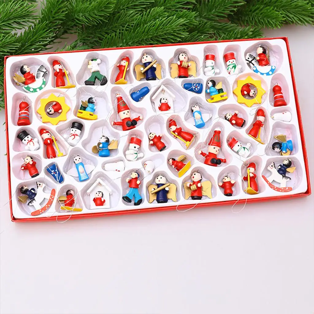 48Pc Wooden Christmas Tree Hanging Ornament Multi Facial Expression Doll Charms Pendant Holiday Gifts Party