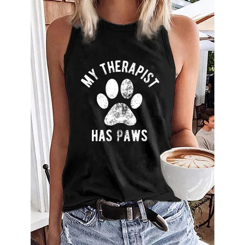 ilstile Women's Dog Paw Print Tank Top Summer Beach Holiday Casual Round Neck Sleeveless Tops Black White Grey Tees Hot Sale