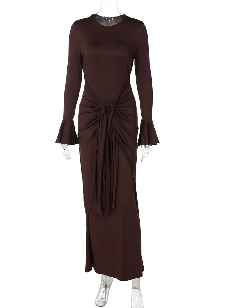JULISSA MO élégant col rond à lacets femmes robe Maxi marron à manches longues robe drapée automne maigre robe de soirée robes