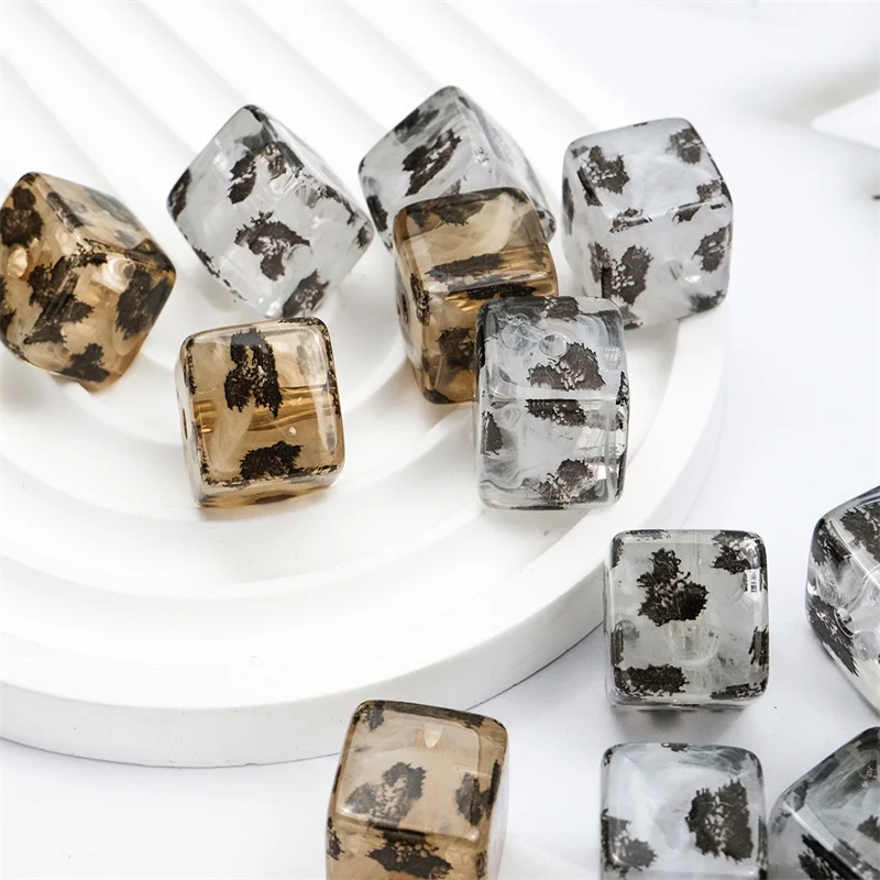Free shipping 50pcs/lot 16mm color leopard print geometry square shape resin straight hole beads diy jewelry garment accessory