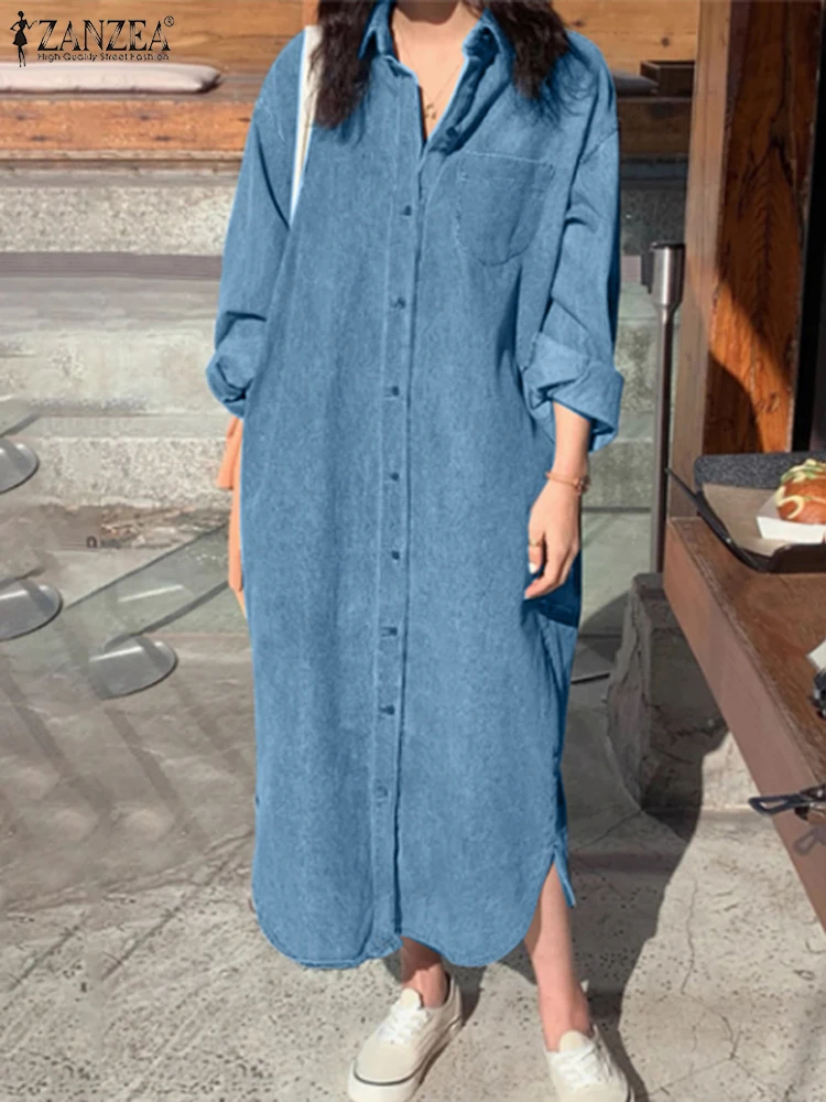 

Women Solid Maxi Dresses ZANZEA Casual Single Breast Long Vestidos Korean Long Sleeve Robes Oversized 2025 Lapel Collar Dress