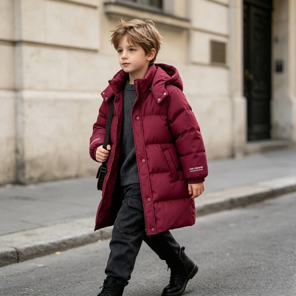 Kids Long Hooded Winter Coat Thick Padded Jacket Windproof Cuffs High Collar Boys Girls Warm Casual Quilted Outerwear 2026 New