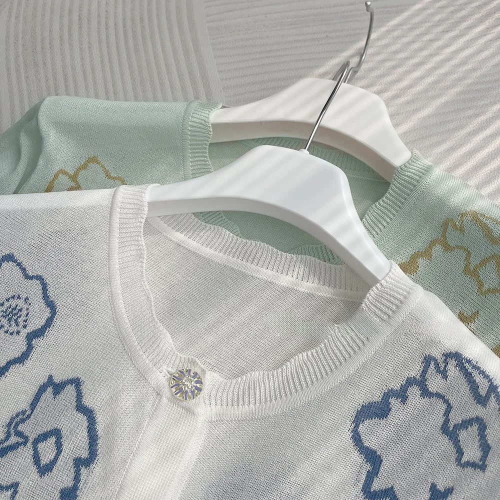 

Легкий вязаный кардиган ort-Sve, круглый эластичный универсальный топ с цветочным принтом, корейский цельный топ на пуговицах