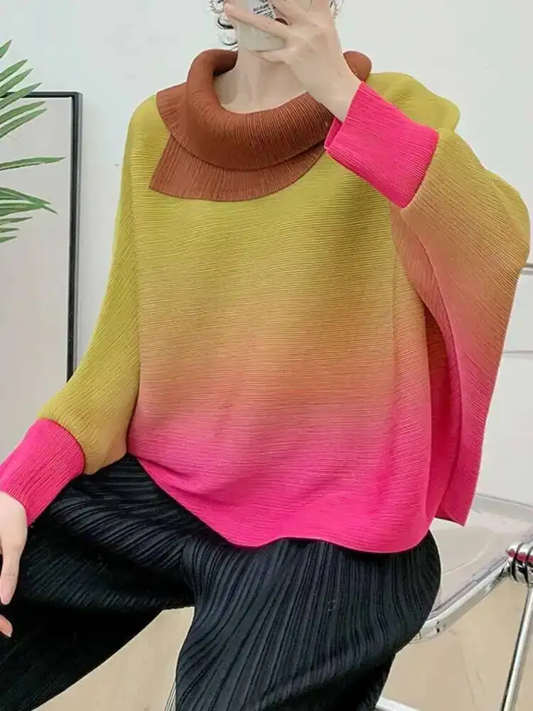 Pleated T-shirt Gradient For Women Lapel Long Sleeves Batwing Loose Style Female Fashion Top 2023 Autumn New 2ZDL6