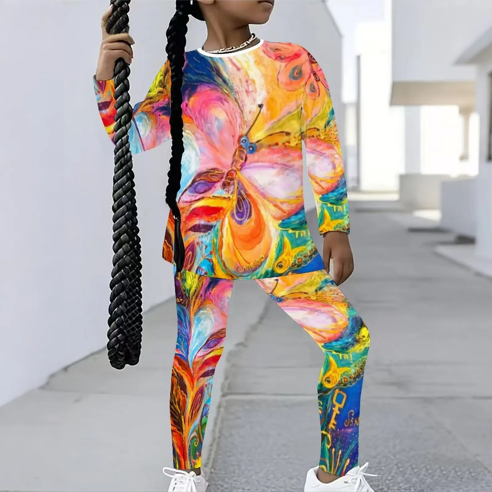 Autumn Leggings Winter Jogging Pants Girls Print Long Sleeve Round Neck Top Cute Two-Piece Casual T-shirt