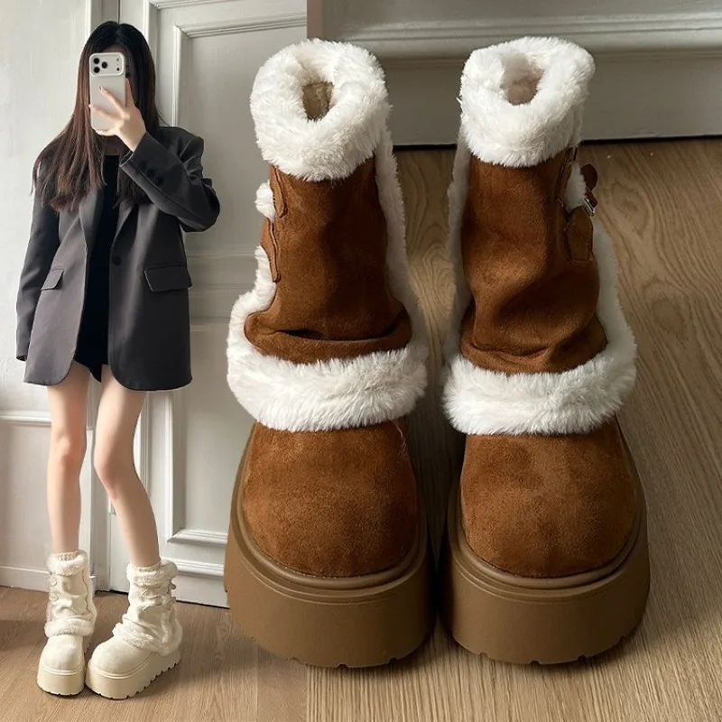 

Thick Heels Motorcycle Boots Women High Platform Leather Snow Sneakers Winter Warm Fur Mid-calf Boots Plush Short Punk Boot New