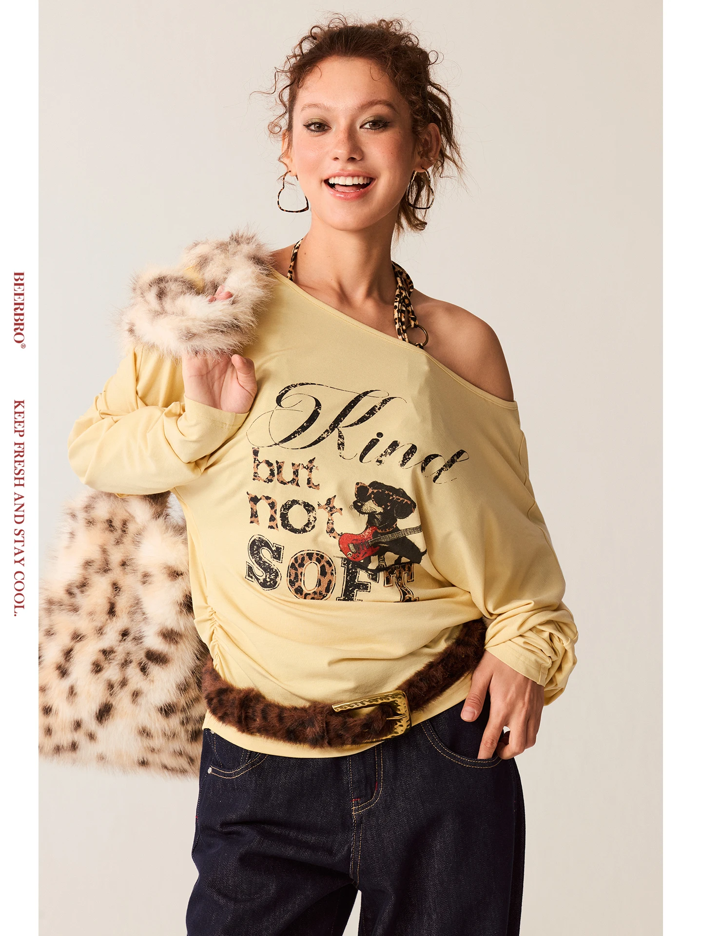 

BeerBro Vintage Sound Wave Leopard Print Bikini Inner Wear Long Sve Top Two-Piece Set Women's Loose Fit Soft Lyocell Fiber