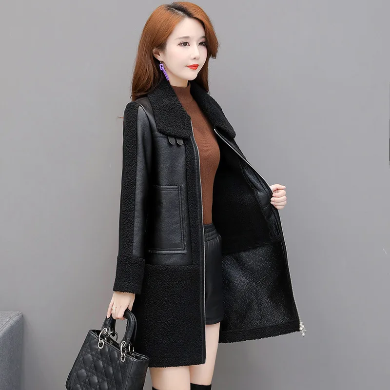 NicePop Autumn Winter lamb Fleece Pu leather Splicing Jacket Women Med Long Leather Fur Together Coat Female Slim  OuterwearTops