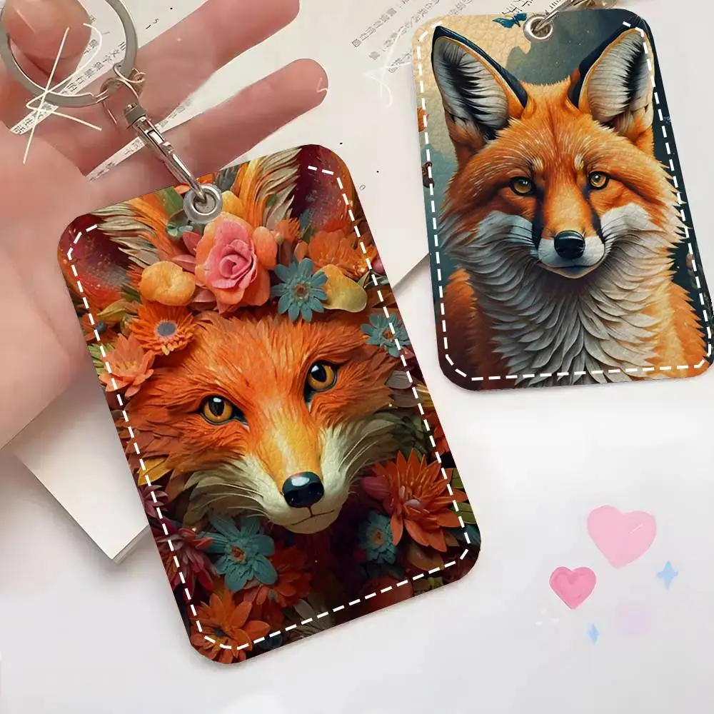 Fox Card Case Keychain Access Card Bag Key Tag Ring Leather Card Holder Key Ring Access