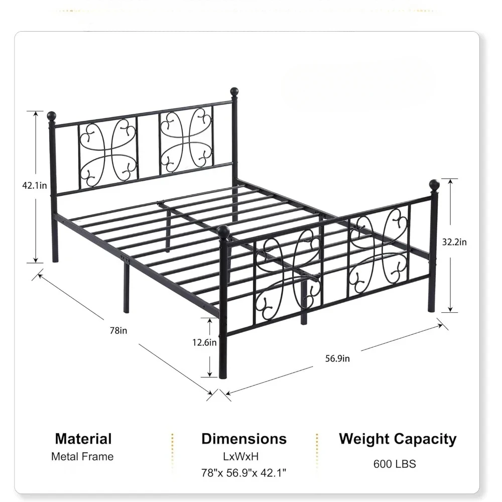 Easy Assembly Bed Bases & Frames Full Metal Platform Bed Frame Mattress Foundation With Iron-Art Headboard and Footboard Queen