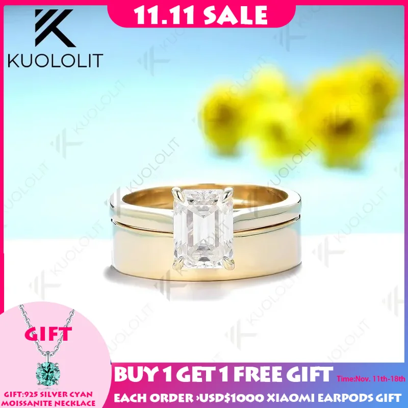 Kuololit 2ct Emerald Cut Ring Moissanite D/VVS1 Set Ring for Women Solid PT950 14K 10K Yellow Gold Luxury Wedding Christmas