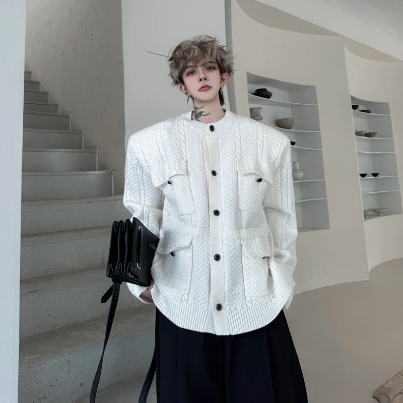 

Men's Loose Knitted Cardigan Sweater Autumn Winter Casual Outerwear id Twist Flower Multiple kets Decoration