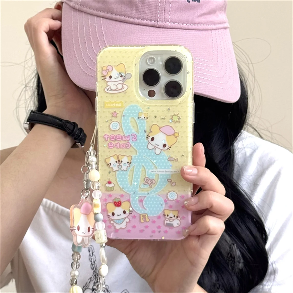 

Korean Cute Cat Star Phone Case For iPhone 16 Pro 15 13 14 Pro Max Cover with Chain Strap Shockproof Lovely Cases
