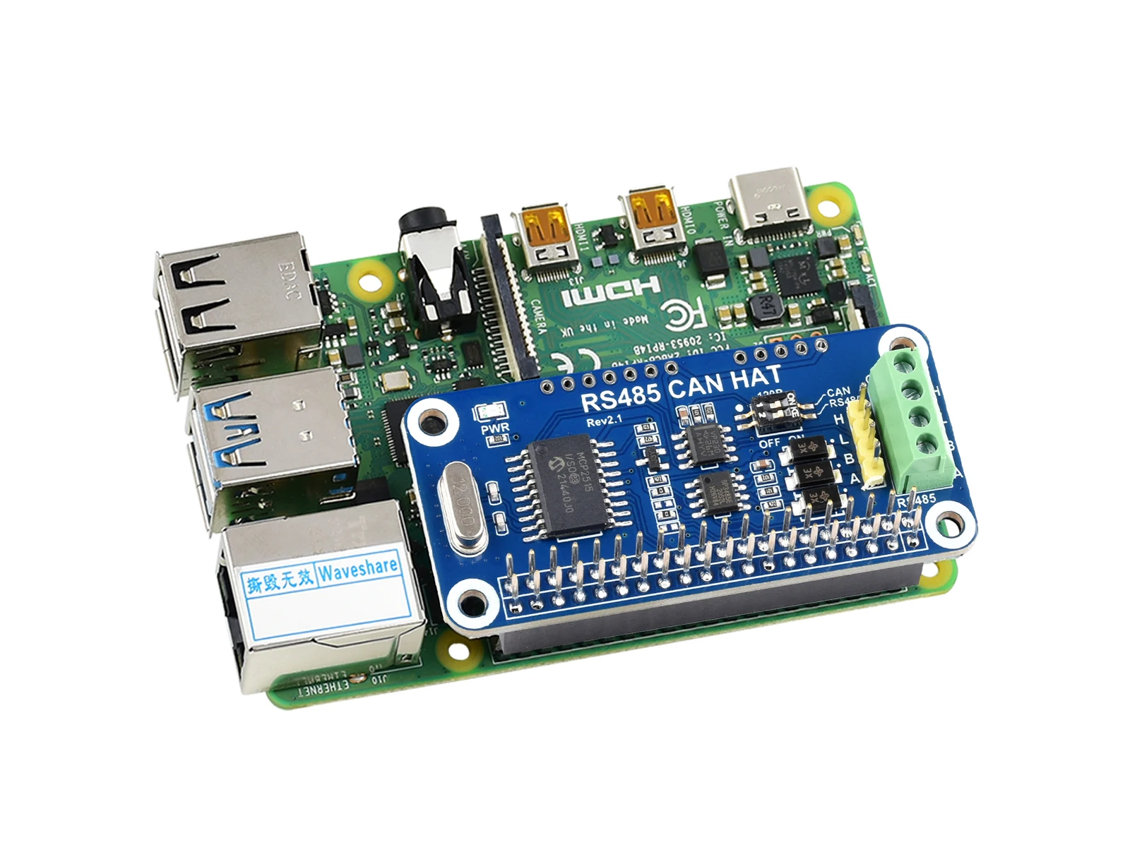 Picture 7: Waveshare RS485 CAN HAT For for  for Raspberry Pi 5/4B/3B/Pi Zero/Zero, Allows Stable Long-Distance Communication via RS485/CAN