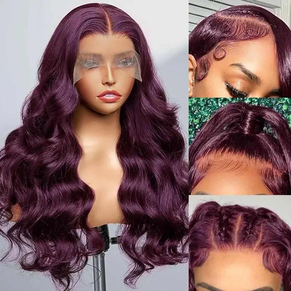 13x4 Body Wave Lace Wigs Dark Burgundy Lace WIg Synthetic Dark Purple Pure Colored Body Wave Lace Wig For Black Women Cosplay