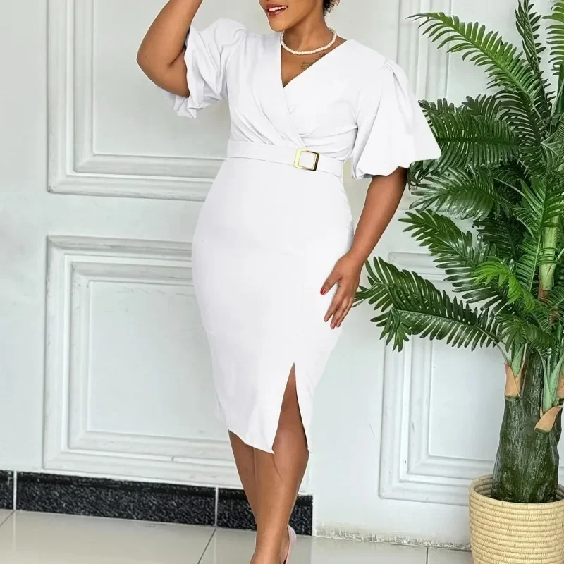 Dashiki African Dresses for Women Summer Elegant African Short Sleeve V-neck Polyester Bodycon Dress African Clothes Outfits