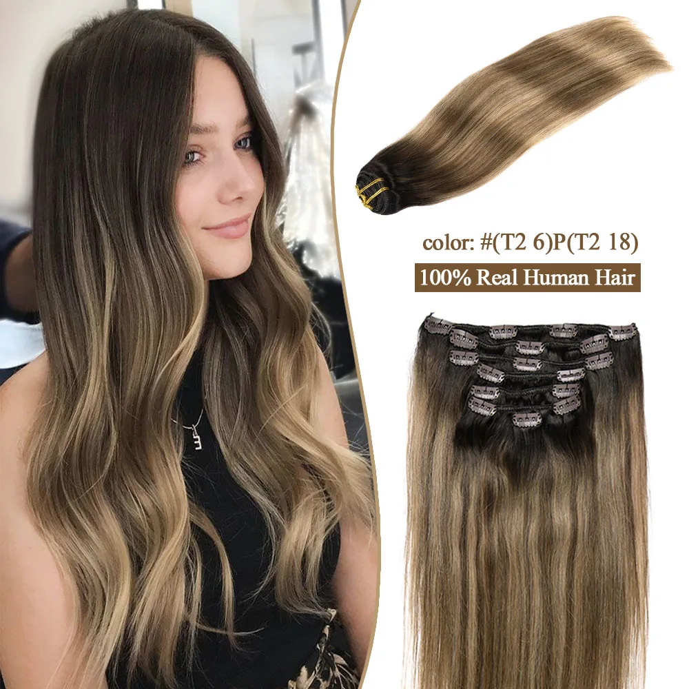 Ekstensi rambut klip asli rambut manusia rambut alami Ombre Highlight Balayage klip lurus mulus dalam ekstensi rambut 7/9 buah