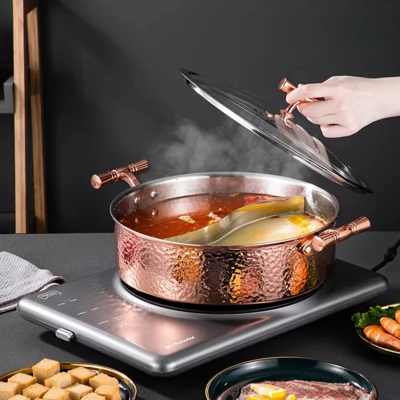 

Rose Gold Manual Hammer Printing Pot 3-layer Steel Clear Soup PotS Commercial Double Flavor 304 Stainless Steel Thick Hot Pots