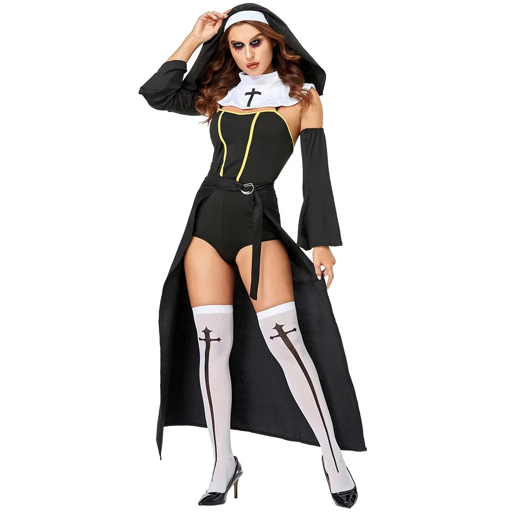 Costume religieux de nonne sexy réglable pour femme, uniforme de cosplay, robe noire de paupières, église, mauvaise habitude, fête d'Halloween, adulte