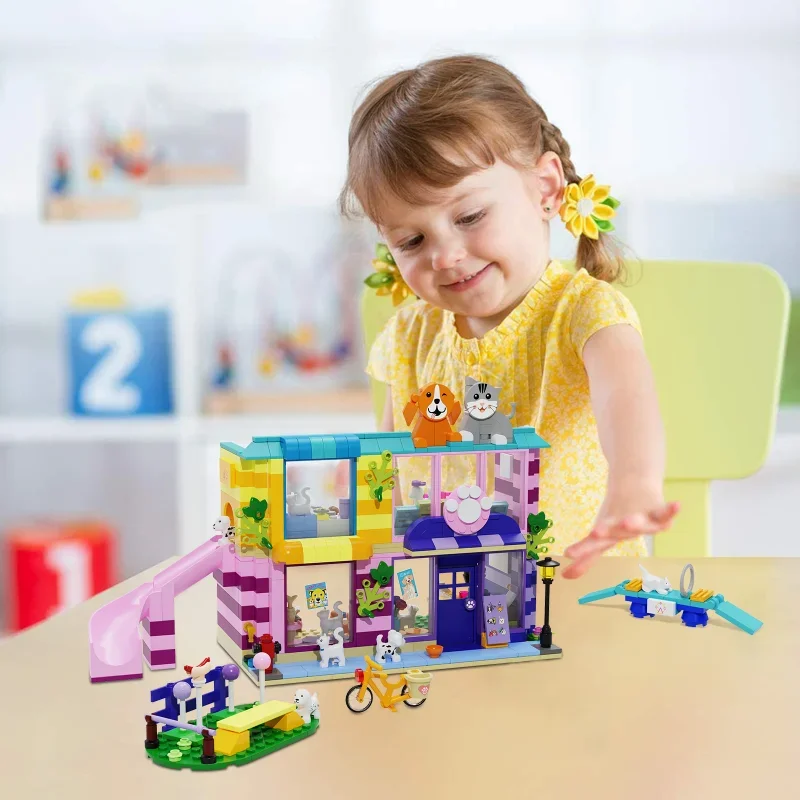 OC สัตว์ชุมชนสวนสนุก Building Block ชุด Pet Day Care House Room รุ่น DIY เด็กปริศนาของเล่นของขวัญวันเกิด 569 ชิ้น