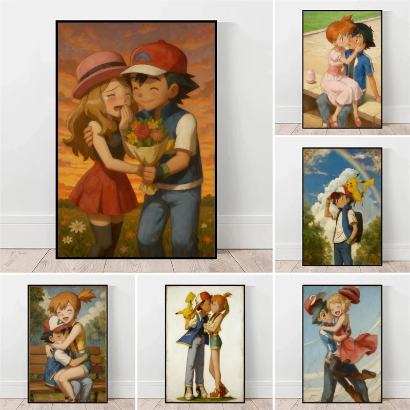 

Картина на холсте в стиле аниме «Покемон» Пепел и Серена/Туманный романтический художественный стиль, настенное искусство для домашнего декора, подарок на теплое сердце для фанатов покемонов