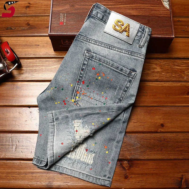 Paint broken hole design denim shorts men's summer2024new elastic slim-fit trendy fashionable youth fifth pants