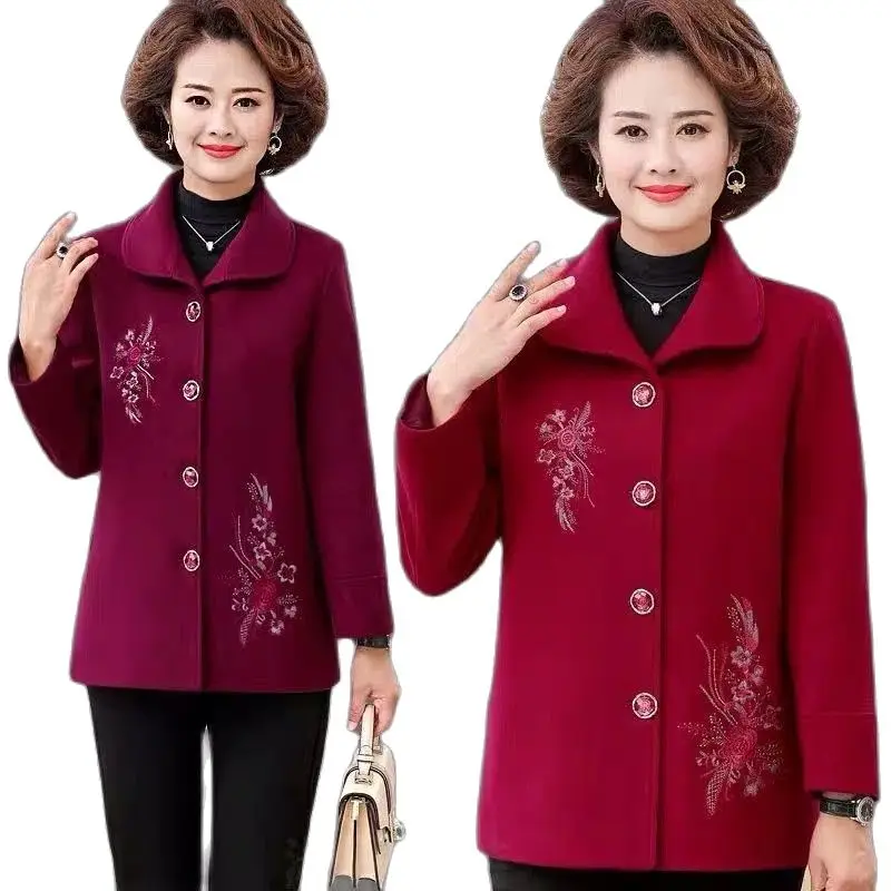 

Middle-Aged Elderly Overcoat Women's Woolen Coat 2023 New Spring Autumn Elegant Embroidery Jacket Fashion Short Outerwear Tops