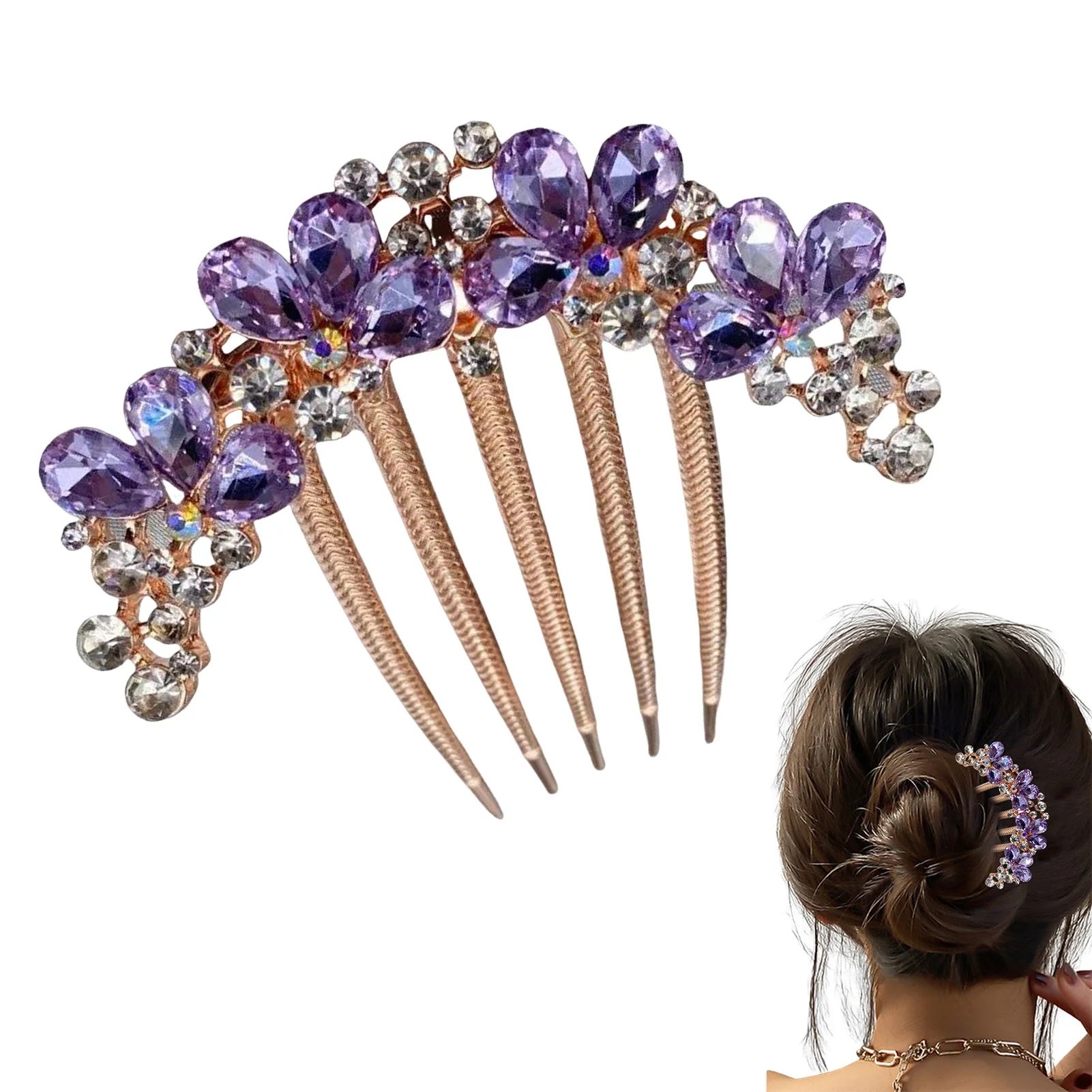 Sparkly Rhinestone Wedding Hair Combs Purple/Blue/Champagne Crystal Hairpins Ponytail Holder Jewelry for Bride Bridesmaids image 5