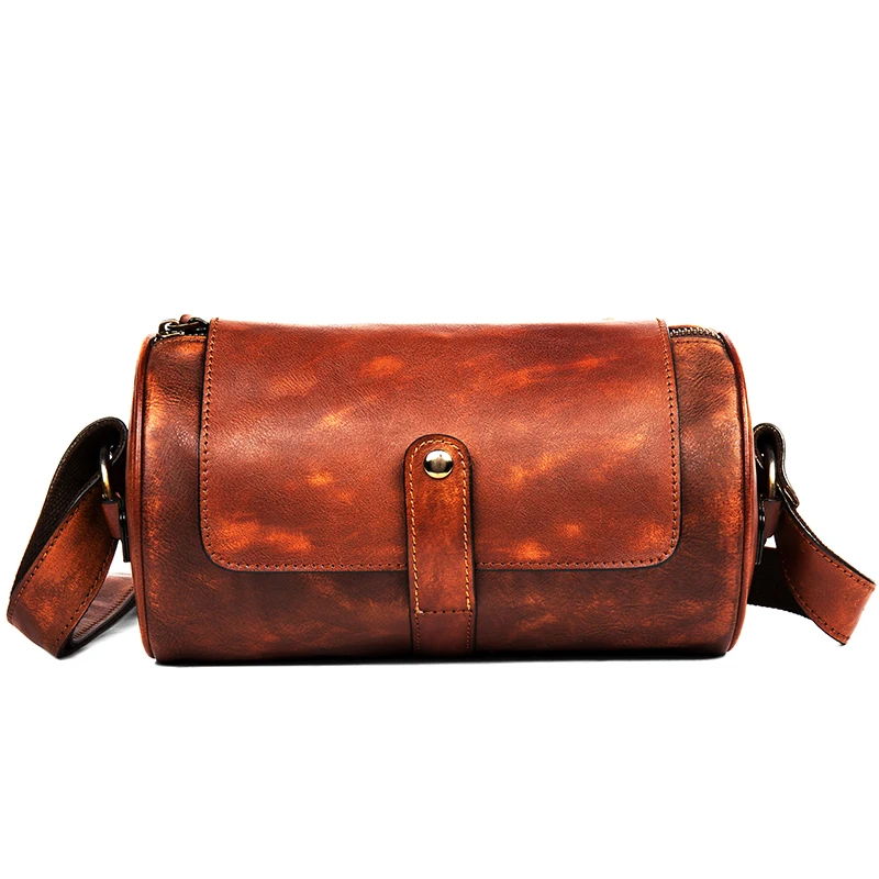 Luxury men and women vegetable tanned leather crossbody bag leather shoulder bag leather casual fashion cylinder satchel