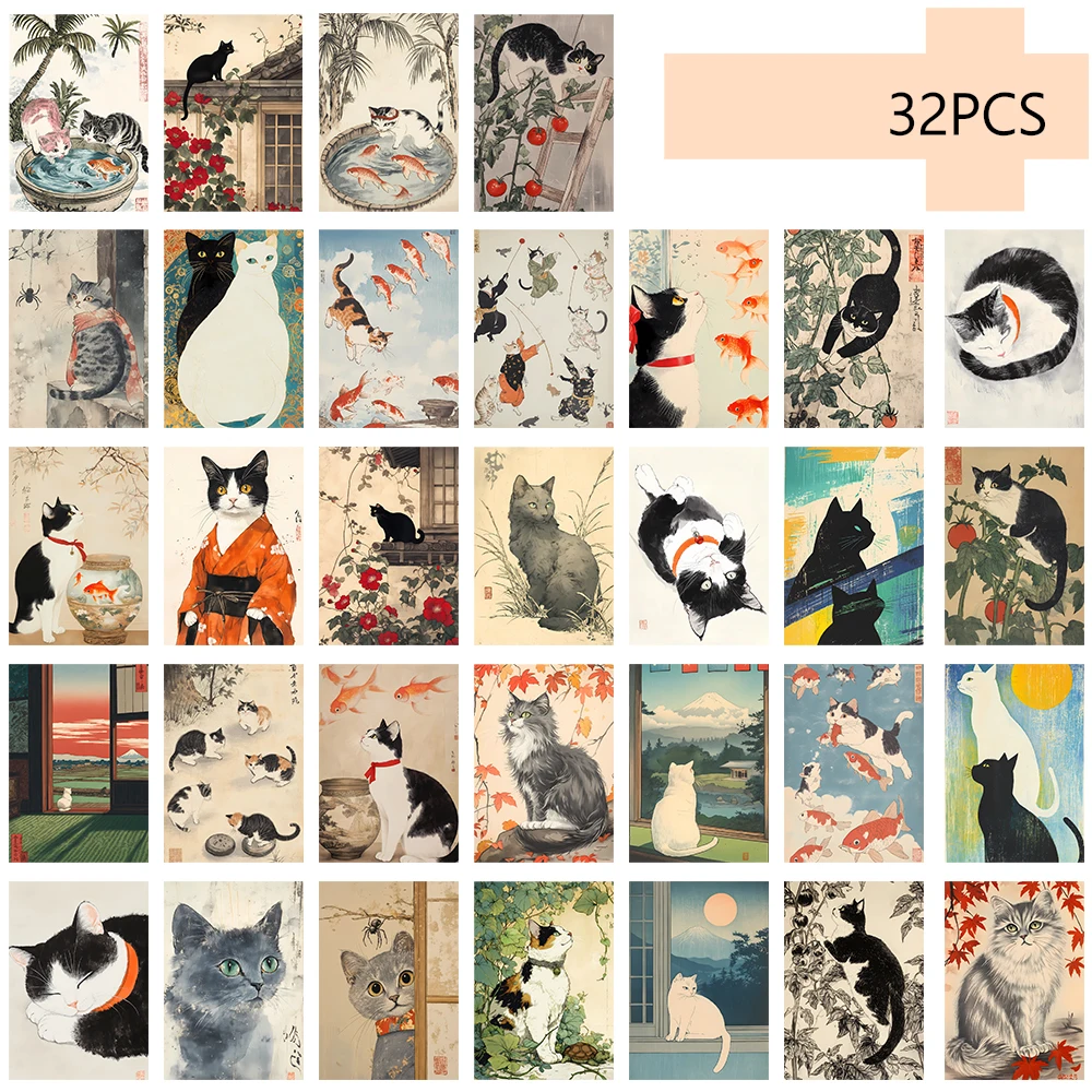 32 Stück japanische Katzenpostkarten, Ukiyo-E-Stil, süße Katzenposter, Wohnzimmer-Dekorationsaufkleber, Schlafzimmerdekoration, hochwertige Karte – Detail 3