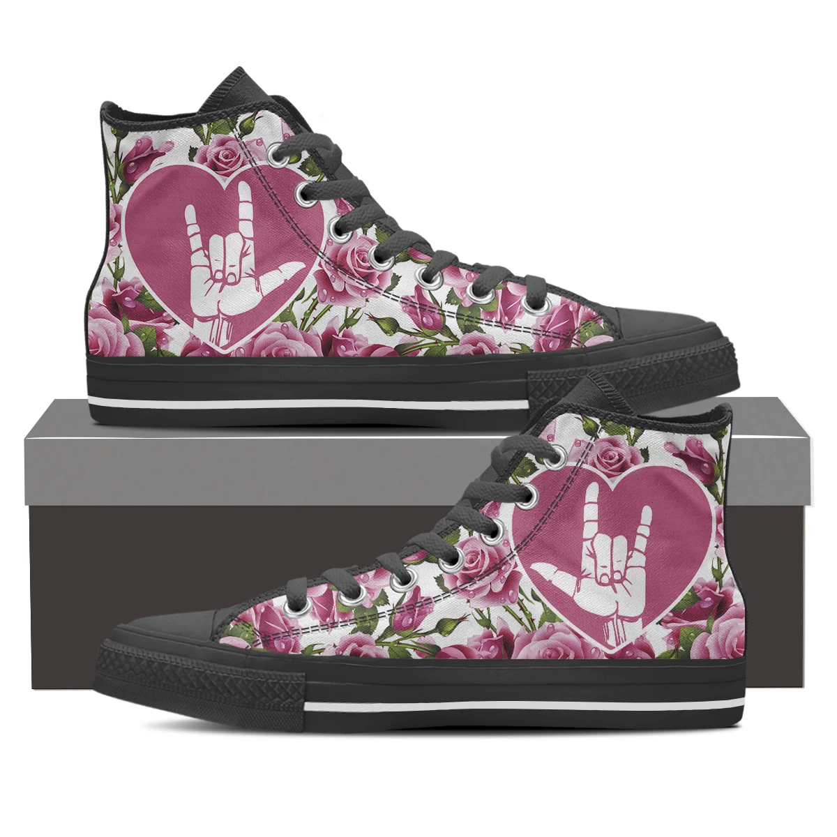 ELVISWORDS Sign Language Prints Shoes Pink Rose Design Vulanized Women Shoes Simple And Wild Lace Canvas Shoes Zapatos