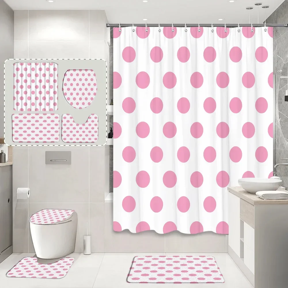 Pink Ribbon Shower Curtain and Rug Bathroom Set Rainbow Flower Polka Dot Star Shower Curtains Bath Mat Toilet Pad Bathroom Decor