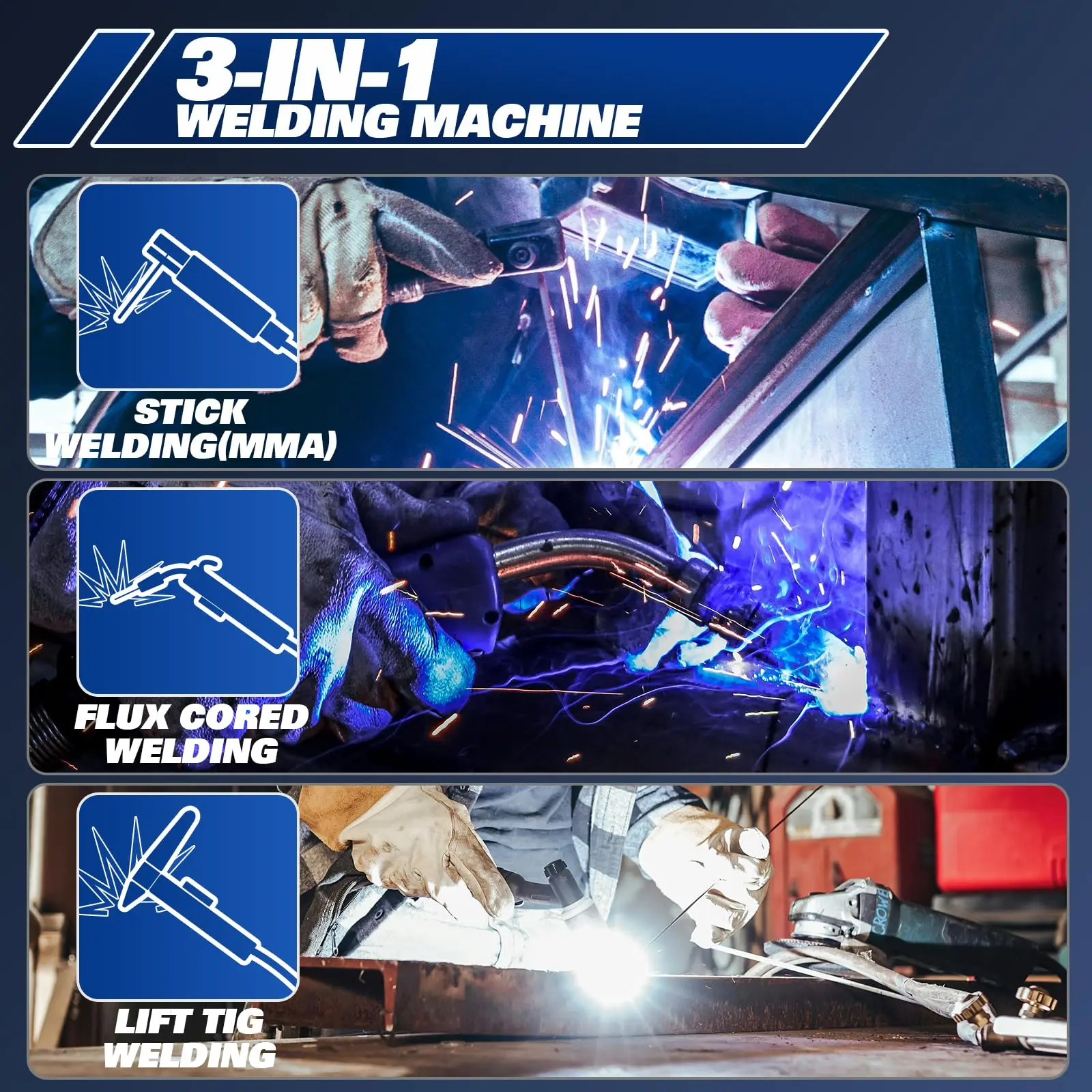 BILT HARD 135A 3-in-1 IGBT Inverter Welder, 110V Flux Core MIG/Lift TIG/Stick Welding Machine with Synergic Control