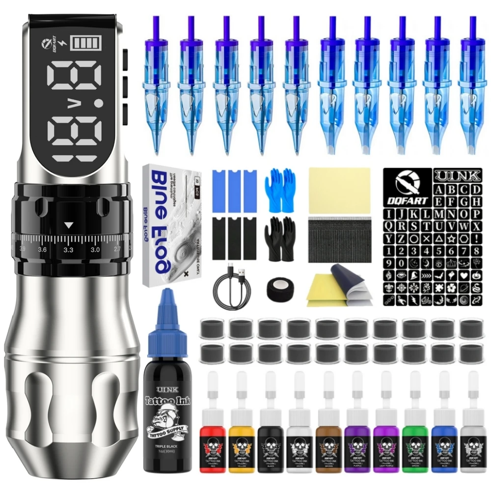 DQFART New Slivery T9 1700mAh Alloy Body Detachable Battery Head Electric Wireless Tattoo Machine Pen Tattoo Artists Preferred