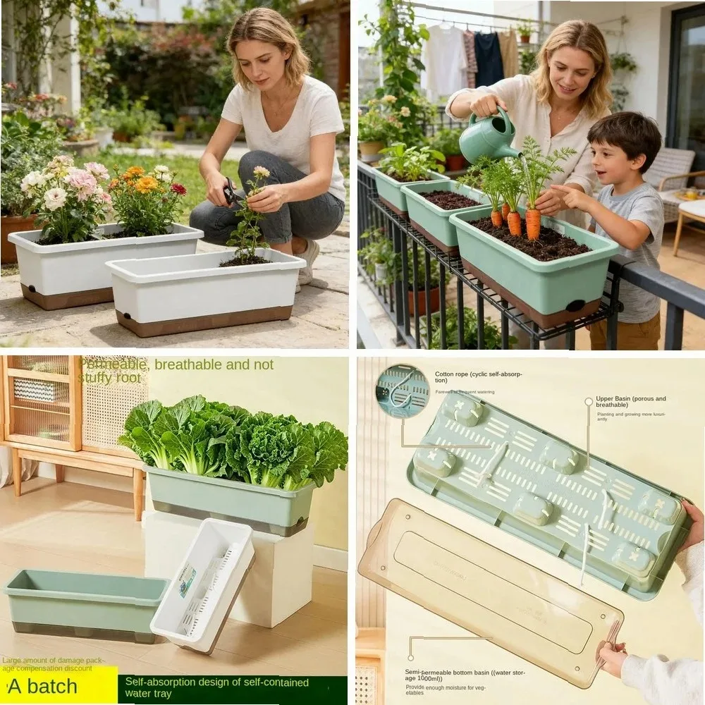 Self Watering Plant Pot Vegetables Container with Base Drainage Hole And Absorbent Rope Rectangular Flower Pots for Vegetable