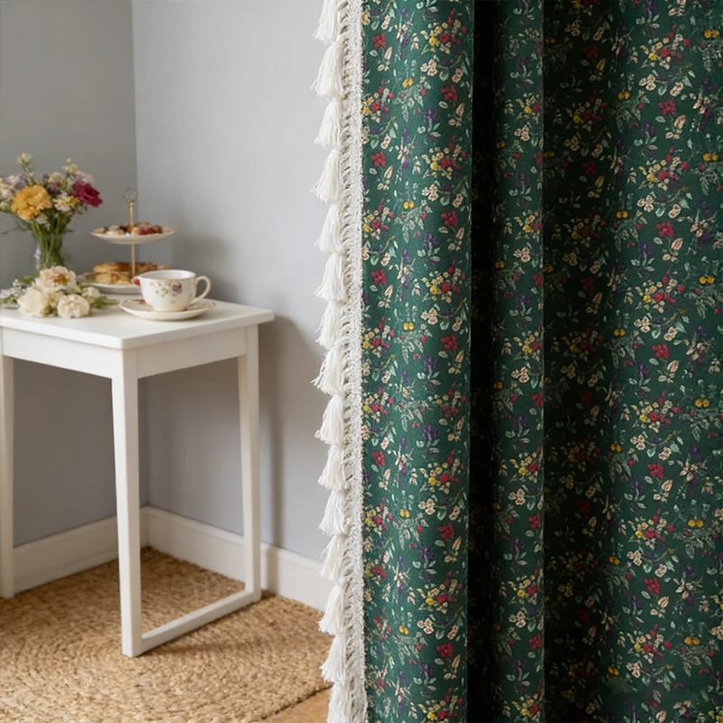 

Bohemian Floral Semi-Blackout Curtains with Tassels for Window Linen Cotton Textured Curtains for Bedroom Living Room Home Decor