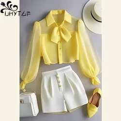 Chiffon Yellow Lapel Neck Perspective Top OL Shirt White Casual Pants Sets 2 Piece Womens Outfits Spring Summer Suit Blouse 3063