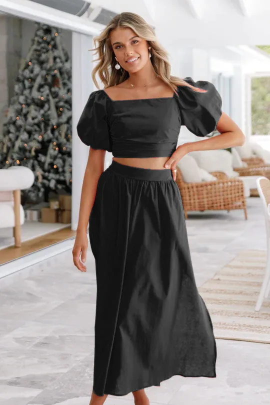 Big price reduction Women's Clothing Lantern Sleeve Square Collar Top Straight Tube Mid-length Skirt Dress Two-piece Suit Sweet