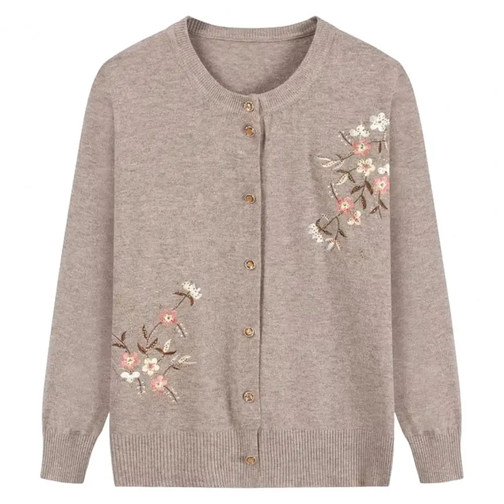 

Warm Jacket Elegant Floral Embroidered Knit Cardigan for Women Stylish Round Neck Sweater Jacket with Long Sleeves for Fall