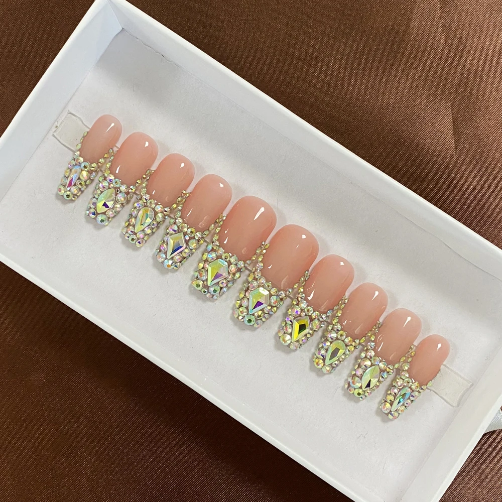 Rhinestone Glossy Bling Short Artificial Fingernails 10PCS High Quality Handmade Gel Acrylic Nails for Women