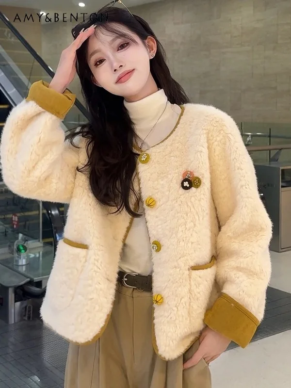

Осень-зима 2022, новое женское пальто в корейском стиле с круглым вырезом, бежевого кофейного цвета, свободное утягивающее повседневное короткое пальто из овечьей шерсти