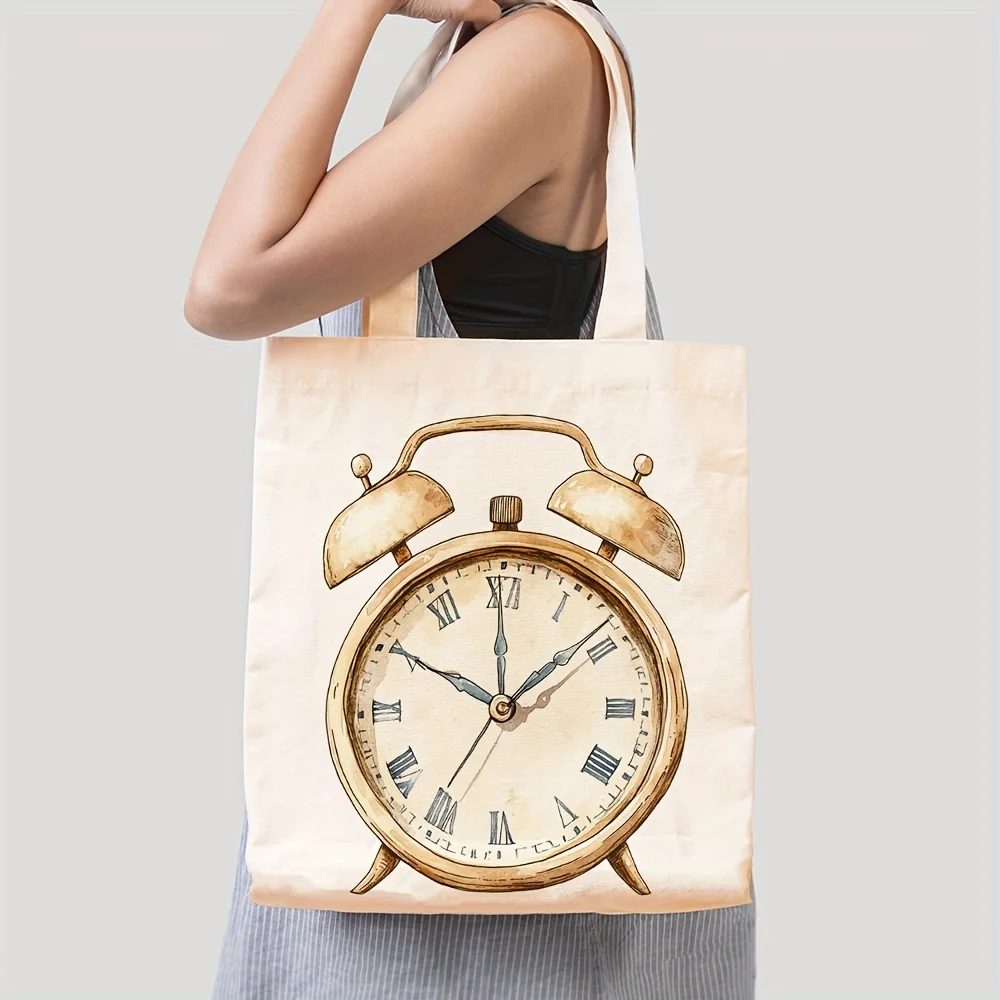 Vintage Alarm Clock Illustration Canvas Tote Bag, 35.05cm x 40.13cm Rectangle, Stylish Reusable Grocery Bag for Daily Use, Commu